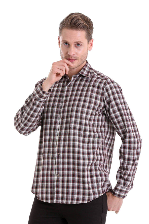 Burgundy Classic Fit Checkered Slim Collar Long Sleeve Casual - 2