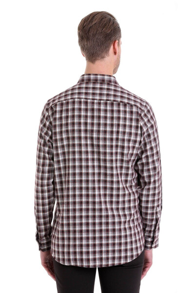 Burgundy Classic Fit Checkered Slim Collar Long Sleeve Casual - 5