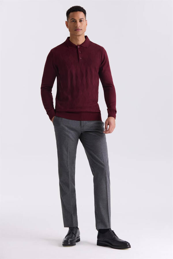 Burgundy Classic Fit Patterned Polo Neck Knit Sweater - 6