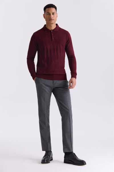 Burgundy Classic Fit Patterned Polo Neck Knit Sweater - 2