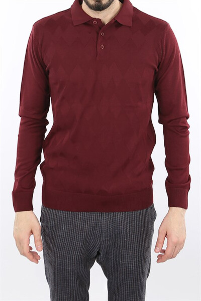 Burgundy Classic Fit Patterned Polo Neck Knit Sweater - 9