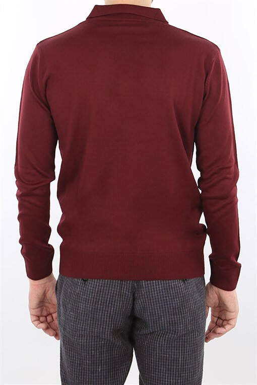 Burgundy Classic Fit Patterned Polo Neck Knit Sweater - 11