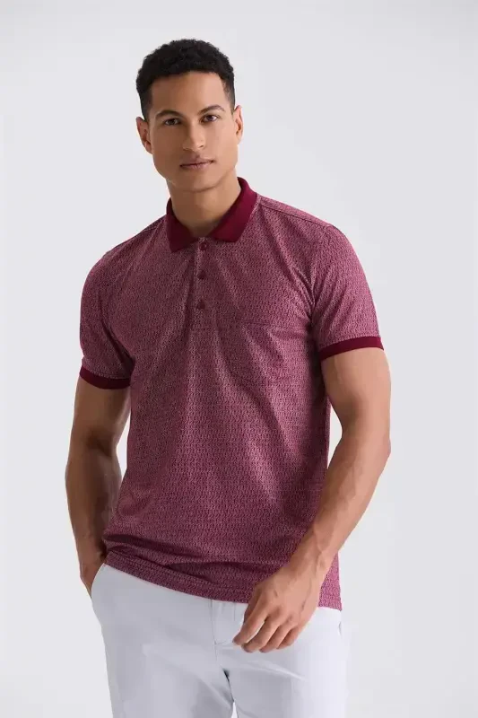 Burgundy Classic Fit Pocket T-shirt with Pattern - JAKAMEN