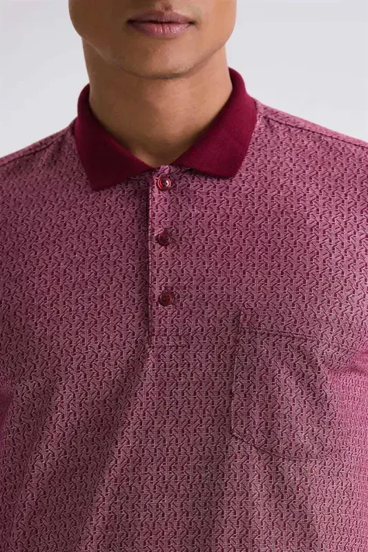 Burgundy Classic Fit Pocket T-shirt with Pattern - 3