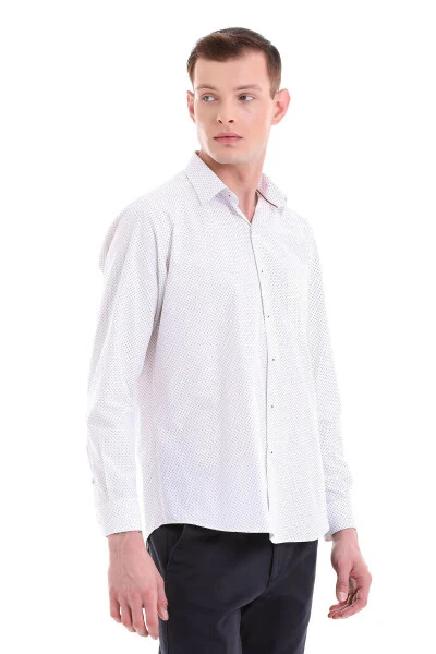 Burgundy Classic Fit Printed Cotton Slim Collar Long Sleeve - 4