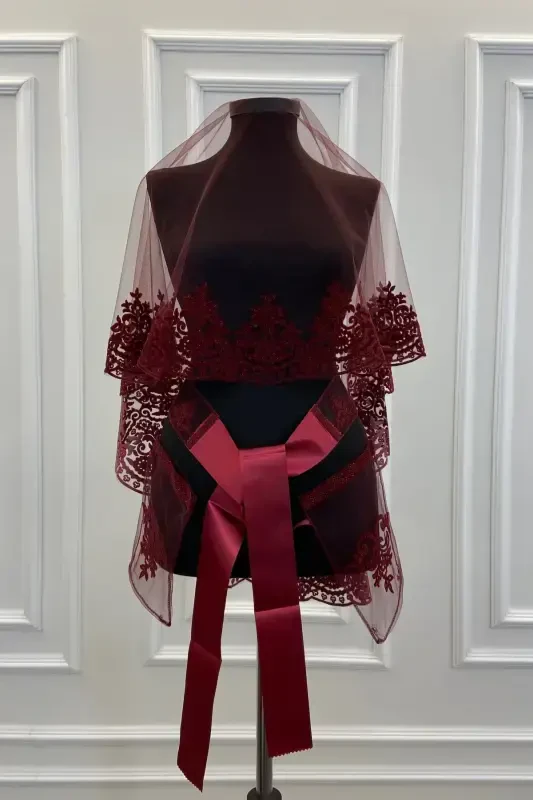 Burgundy Classic Pattern Flock Print Glittery Bridal Veil Sash Glove Set-FLOKKLASİKBORDO - ZEYMERADE