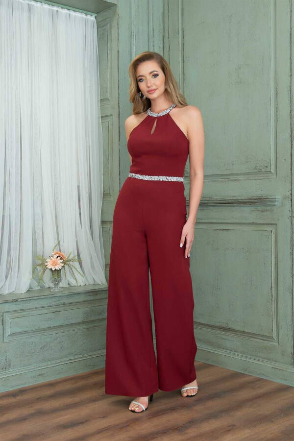 Burgundy Collar Jumpsuit with Embellished Waist - 1