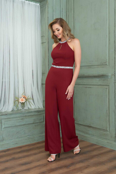 Burgundy Collar Jumpsuit with Embellished Waist - 3