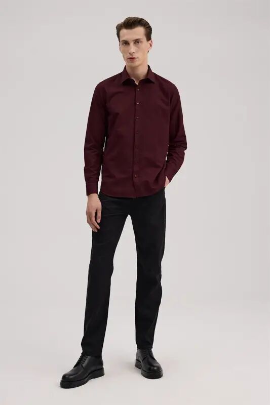 Burgundy Comfort Fit Bottom Button-Down Collar Patterned Shirt - 1