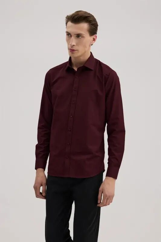 Burgundy Comfort Fit Bottom Button-Down Collar Patterned Shirt - 2