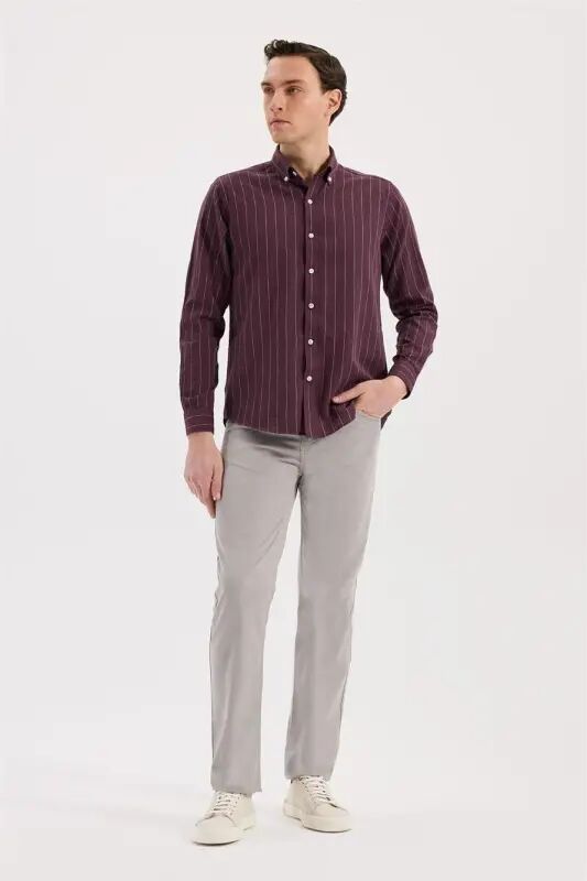 Burgundy Comfort Fit Button-Down Collar Cotton Shirt - 2