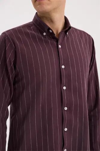 Bordo Comfort Fit Düğmeli Yaka Pamuklu Gömlek - 3