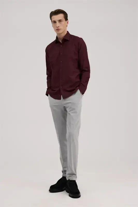 Burgundy Comfort Fit Classic Collar Cotton Blend Shirt - JAKAMEN