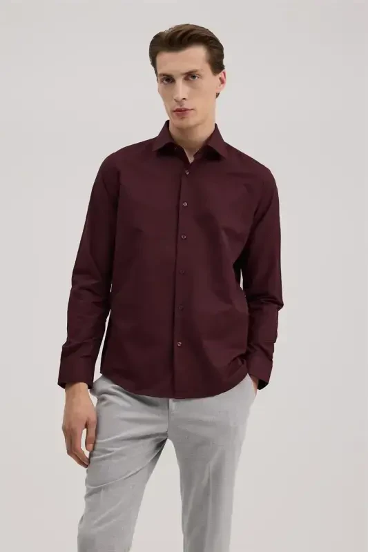 Burgundy Comfort Fit Classic Collar Cotton Blend Shirt - 2