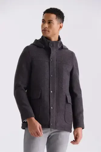 Burgundy Comfort Fit Clergyman Collar Patterned Hooded Wool Jacket 