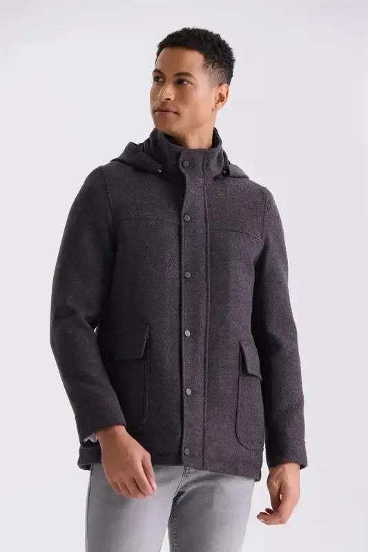 Burgundy Comfort Fit Clergyman Collar Patterned Hooded Wool Jacket - 1