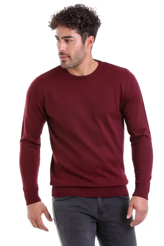 Burgundy Comfort Fit Plain Crew Neck Woolen Wool Sweater - 2