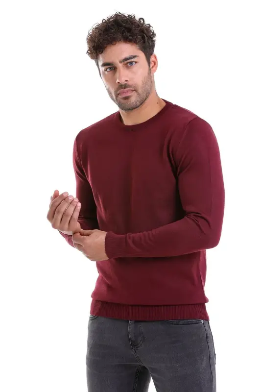 Burgundy Comfort Fit Plain Crew Neck Woolen Wool Sweater - 3