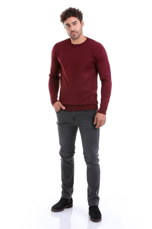 Burgundy Comfort Fit Plain Crew Neck Woolen Wool Sweater - 4