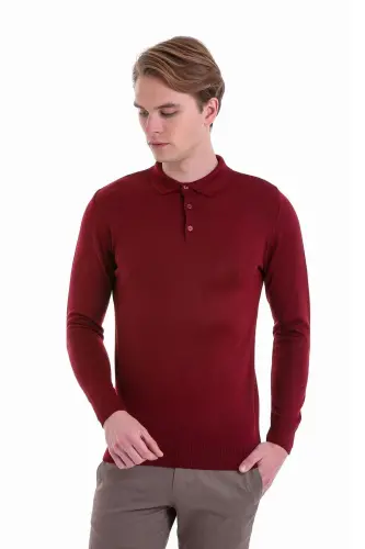 Burgundy Comfort Fit Plain Polo Collar Woolen Wool Sweater-Burgundy - HATEMOĞLU (1)