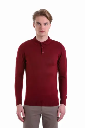 Burgundy Comfort Fit Plain Polo Collar Woolen Wool Sweater-Burgundy - 3