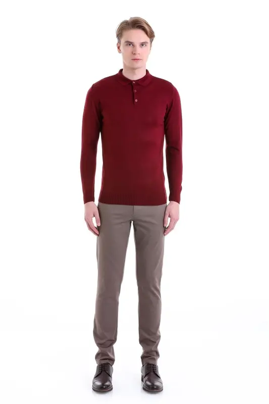 Burgundy Comfort Fit Plain Polo Collar Woolen Wool Sweater-Burgundy - 4