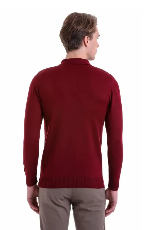 Burgundy Comfort Fit Plain Polo Collar Woolen Wool Sweater-Burgundy - 6