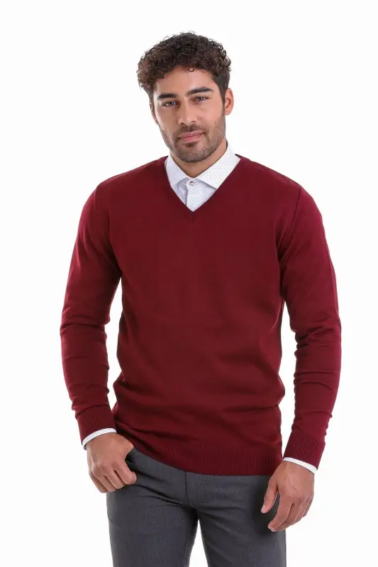 Burgundy Comfort Fit Plain V-Neck Wool Sweater-Burgundy - HATEMOĞLU