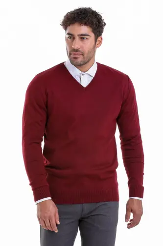 Burgundy Comfort Fit Plain V-Neck Wool Sweater-Burgundy - HATEMOĞLU (1)