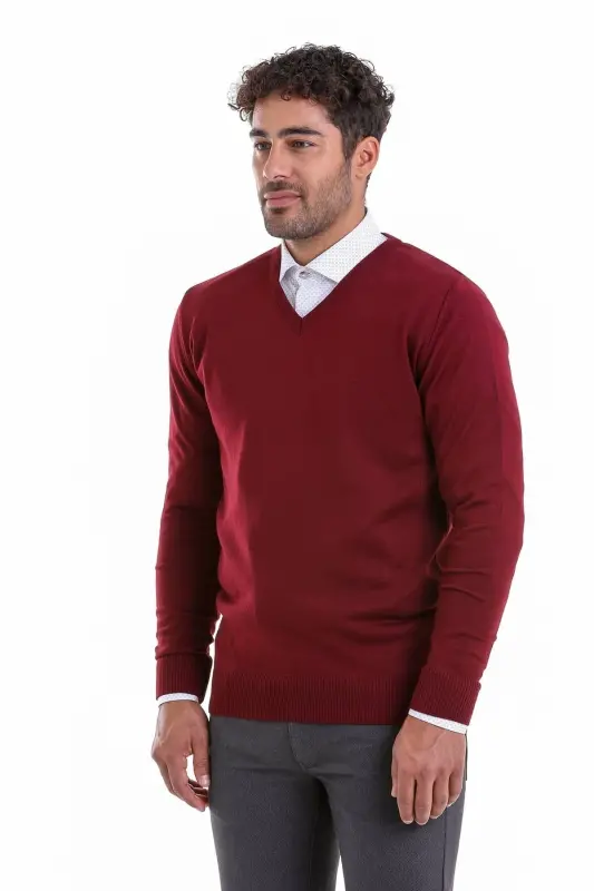 Burgundy Comfort Fit Plain V-Neck Wool Sweater-Burgundy - 3
