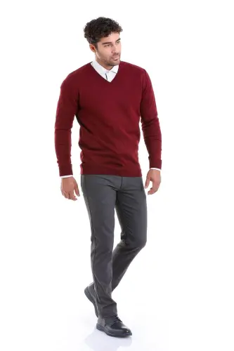 Burgundy Comfort Fit Plain V-Neck Wool Sweater-Burgundy - 4