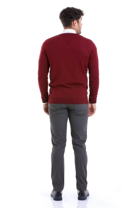 Burgundy Comfort Fit Plain V-Neck Wool Sweater-Burgundy - 6