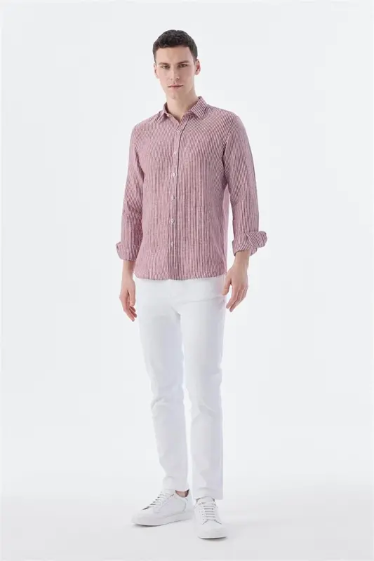 Burgundy Comfort Fit Striped 100% Linen Shirt - 2