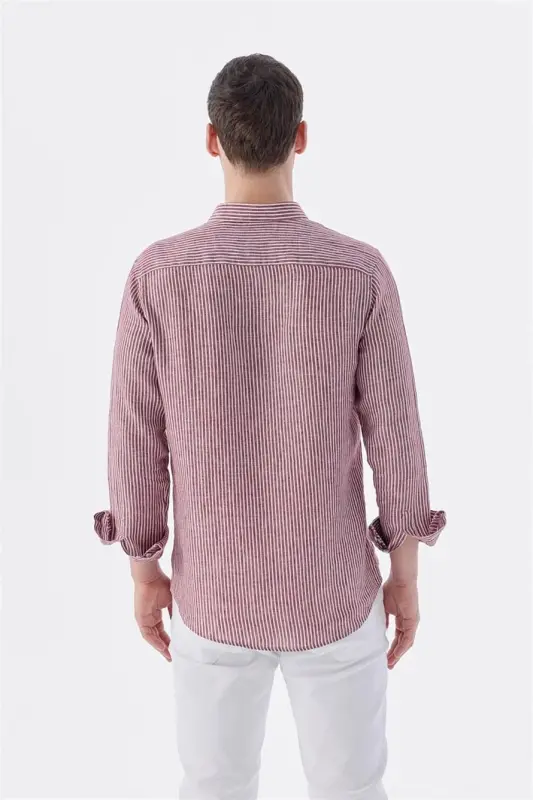 Burgundy Comfort Fit Striped 100% Linen Shirt - 4