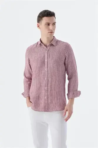 Burgundy Comfort Fit Striped 100% Linen Shirt - 1