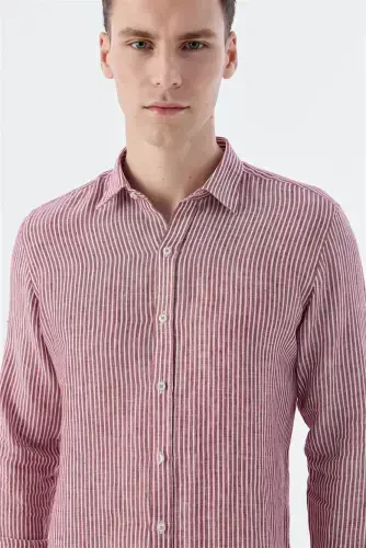Burgundy Comfort Fit Striped 100% Linen Shirt - 3