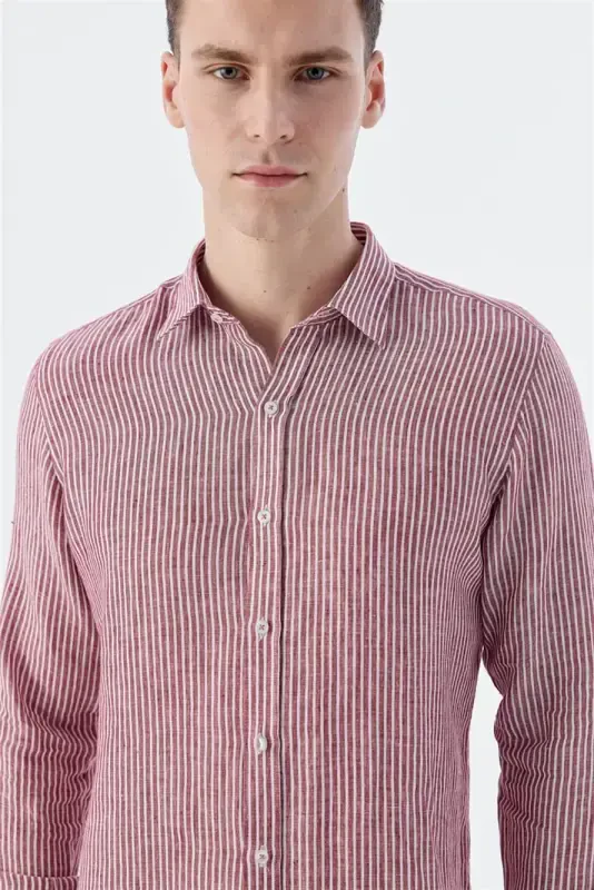 Burgundy Comfort Fit Striped 100% Linen Shirt - 3