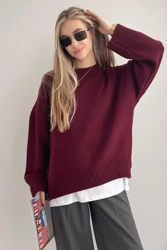 Burgundy Crew Neck Oversize Knit Sweater MG1972-Burgundy - 3