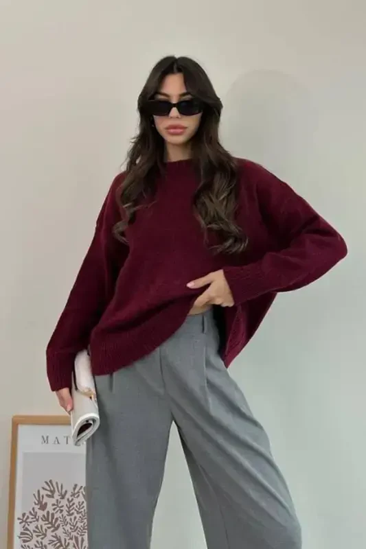 Burgundy Crew Neck Oversize Knit Sweater MG1972-Burgundy - 4