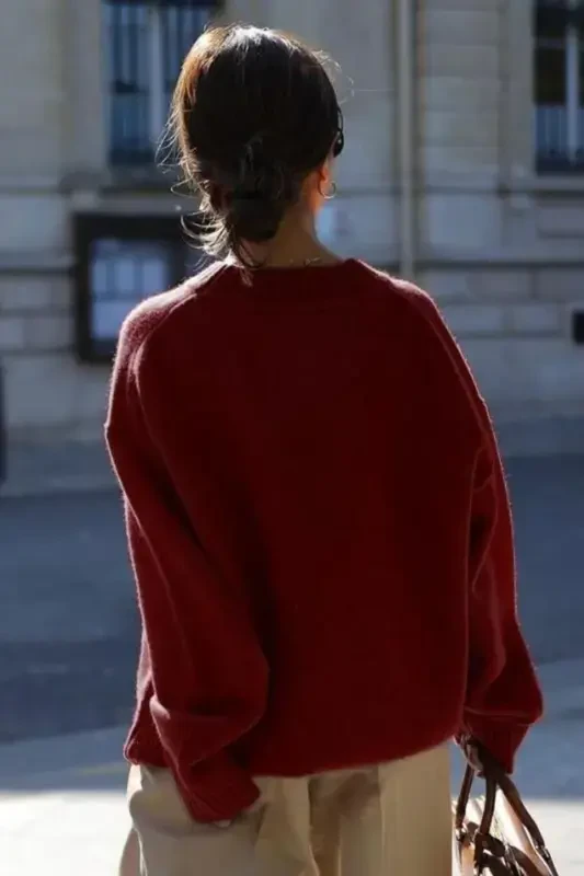 Burgundy Crew Neck Oversize Knit Sweater MG1972-Burgundy - 6