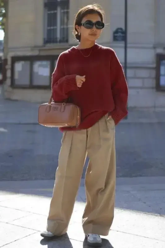 Burgundy Crew Neck Oversize Knit Sweater MG1972-Burgundy - 7