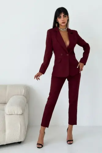 Burgundy Criss Cross Blazer Carrot Trousers Suit-Burgundy - 3