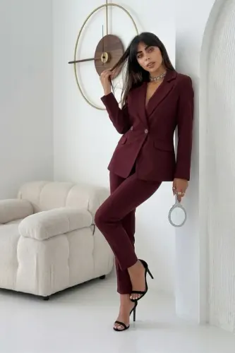 Burgundy Criss Cross Blazer Carrot Trousers Suit-Burgundy - 4