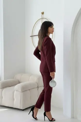 Burgundy Criss Cross Blazer Carrot Trousers Suit-Burgundy - 6