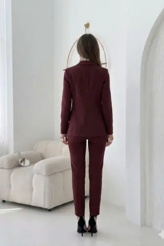 Burgundy Criss Cross Blazer Carrot Trousers Suit-Burgundy - 7