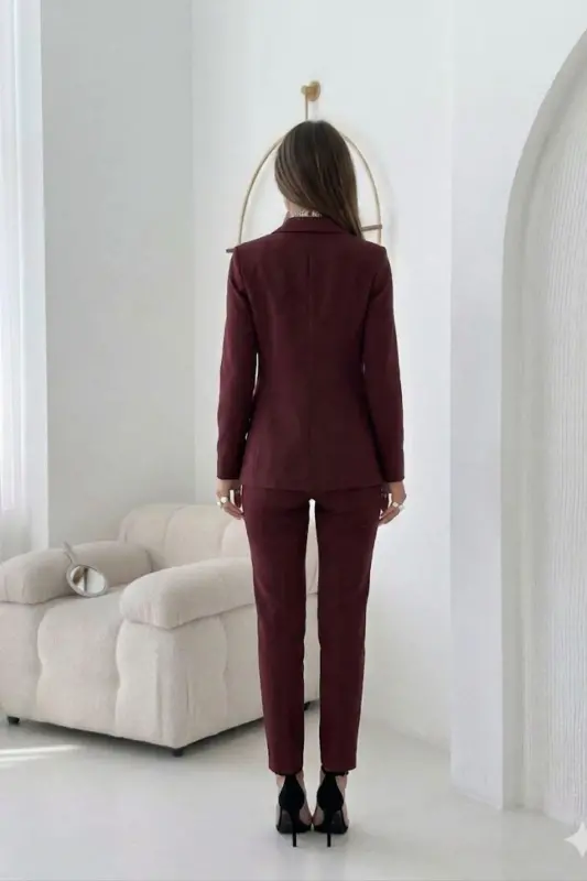 Burgundy Criss Cross Blazer Carrot Trousers Suit-Burgundy - 7
