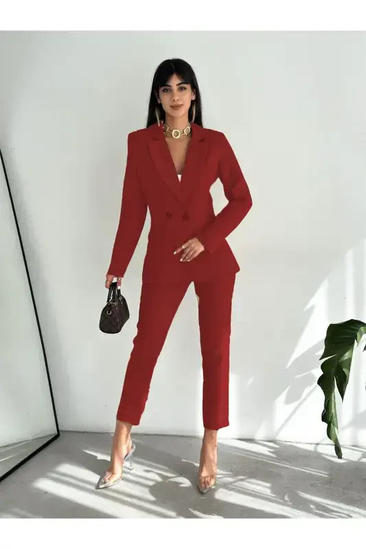 Burgundy Criss Cross Blazer Carrot Trousers Suit-Burgundy - 2