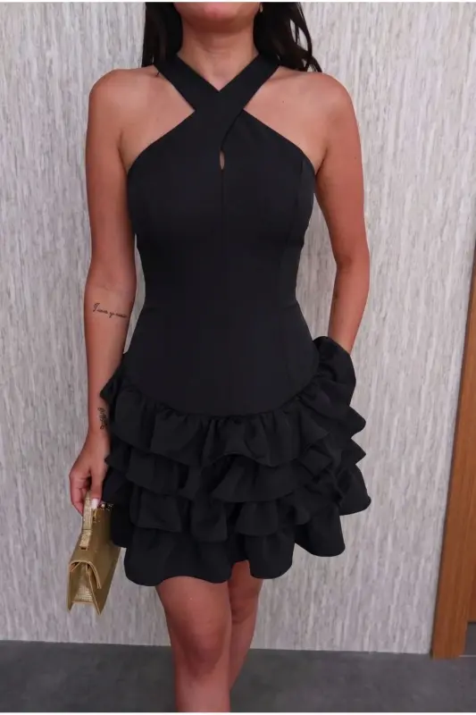 Burgundy Cross Halter Neck Layered Ruffle Detailed Mini Evening/Graduation Dress - Blacck - Black - 3