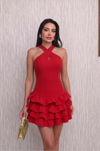 Burgundy Cross Halter Neck Layered Ruffle Detailed Mini Evening/Graduation Dress - REED - Red 