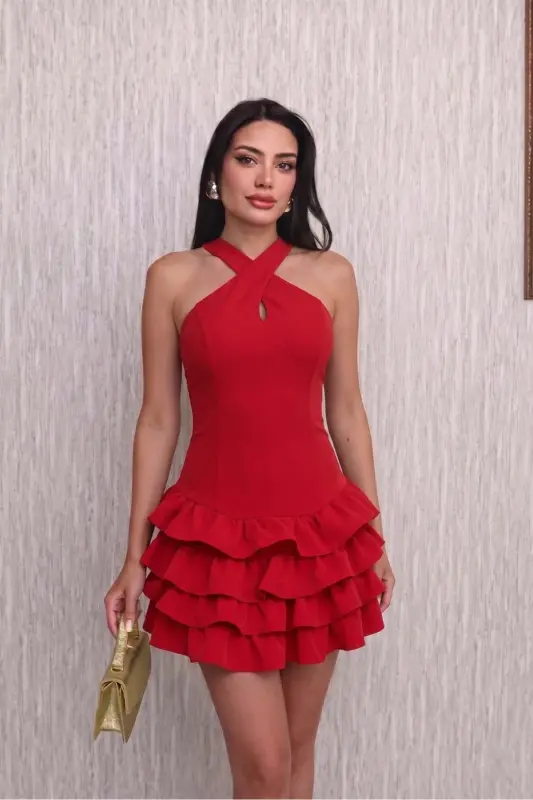 Burgundy Cross Halter Neck Layered Ruffle Detailed Mini Evening/Graduation Dress - REED - Red - 1